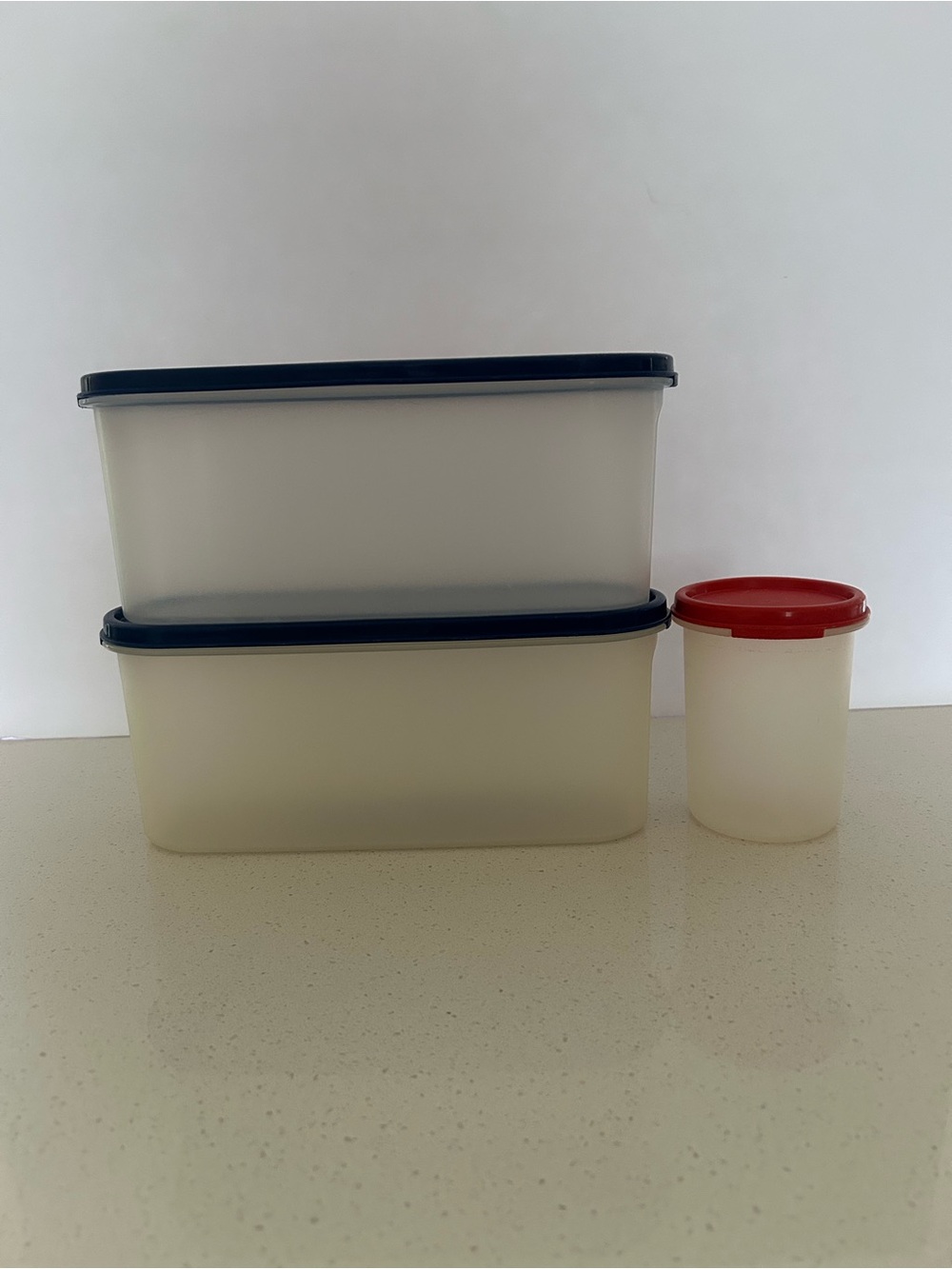 Tupperware Modular Mate Set with Blue Rectangle Lids and Red Round Lid